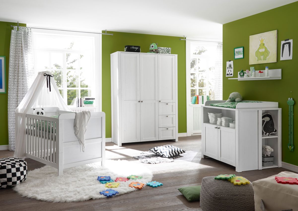 3 Babyzimmer Set Pinie Komplett Wickelkommode 4tlg Schrank Türen weiß Bett Regal