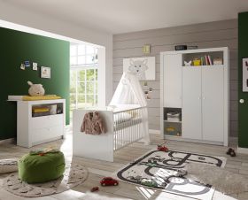 Babyzimmer-Set Paula 3tlg Wickelkommode Babybett Kleiderschrank 3türig  weiß1