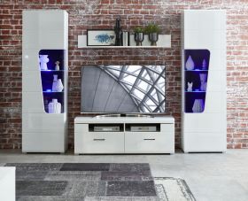 Wohnwand Wohnzimmer-Set 3 FUNNY PLUS Vitrine Wandboard TV weiß glanz LED Licht1