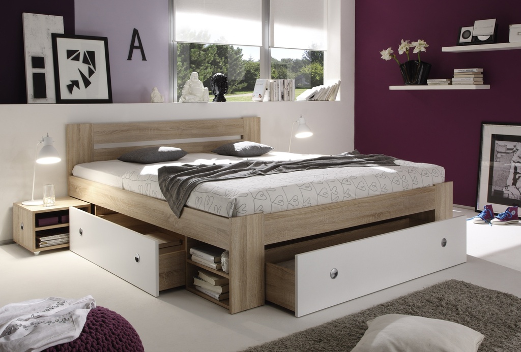 Doppelbett STEFAN 180x200 Eiche Sonoma Weiß mit Bettkasten Nachtkommoden