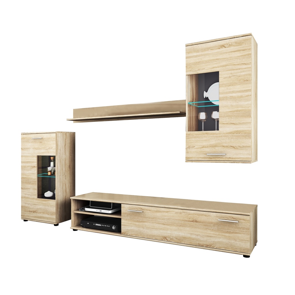 Wohnwand COOL 4-teilig mit Kommode Wandboard TV-Lowboard Eiche Sonoma