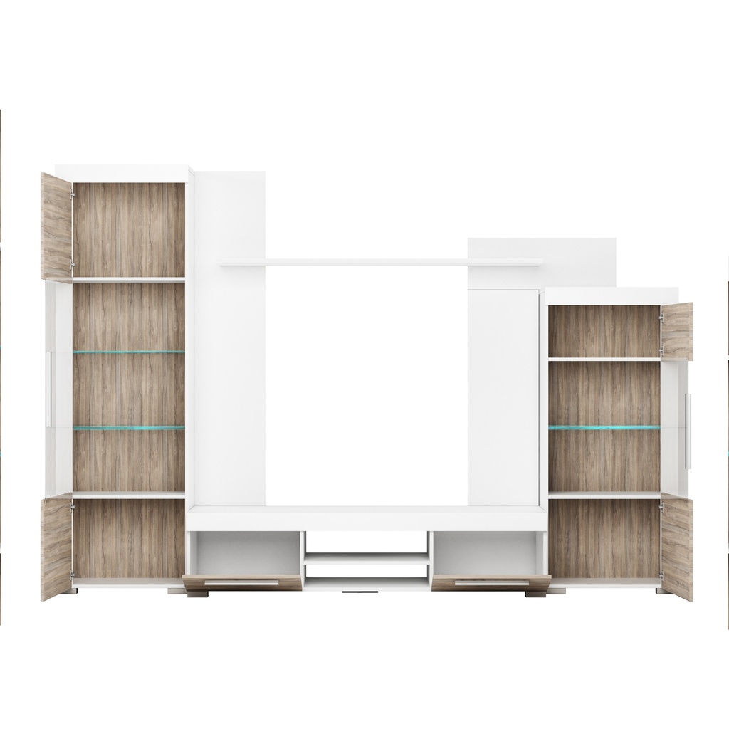 Wohnwand Wohnzimmer Set AVIO 4-teilig Vitrine Wandboard TV Lowboard Liberty braun grau hell Holz