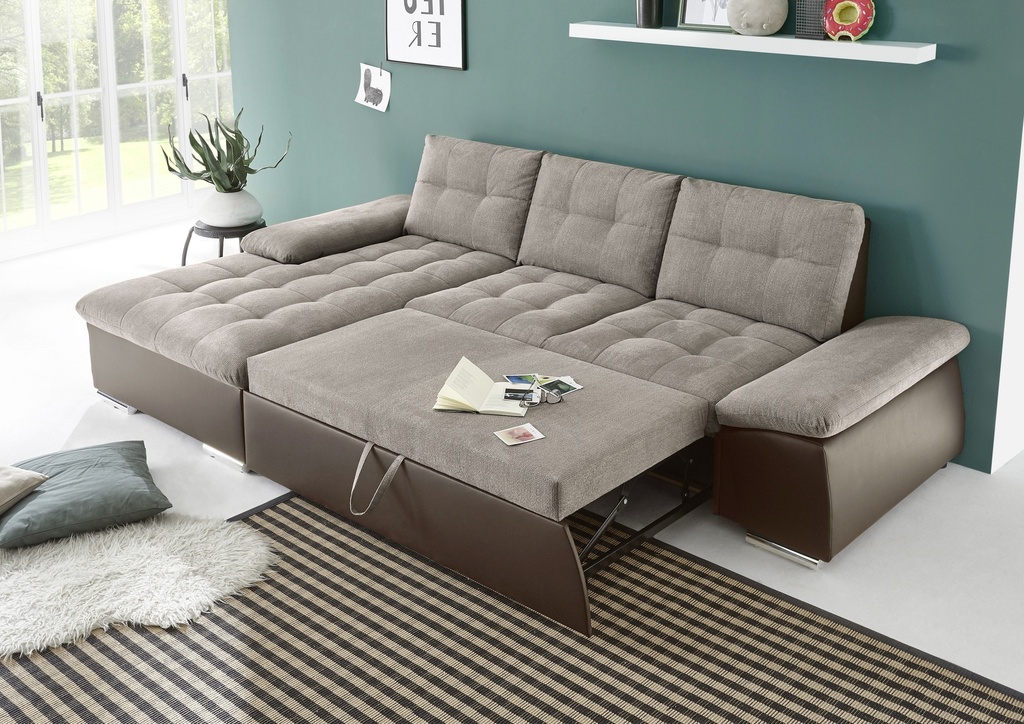 Ecksofa JAKARTA Schlafsofa Lederlook dunkelbraun beige Ottomane links L-Form