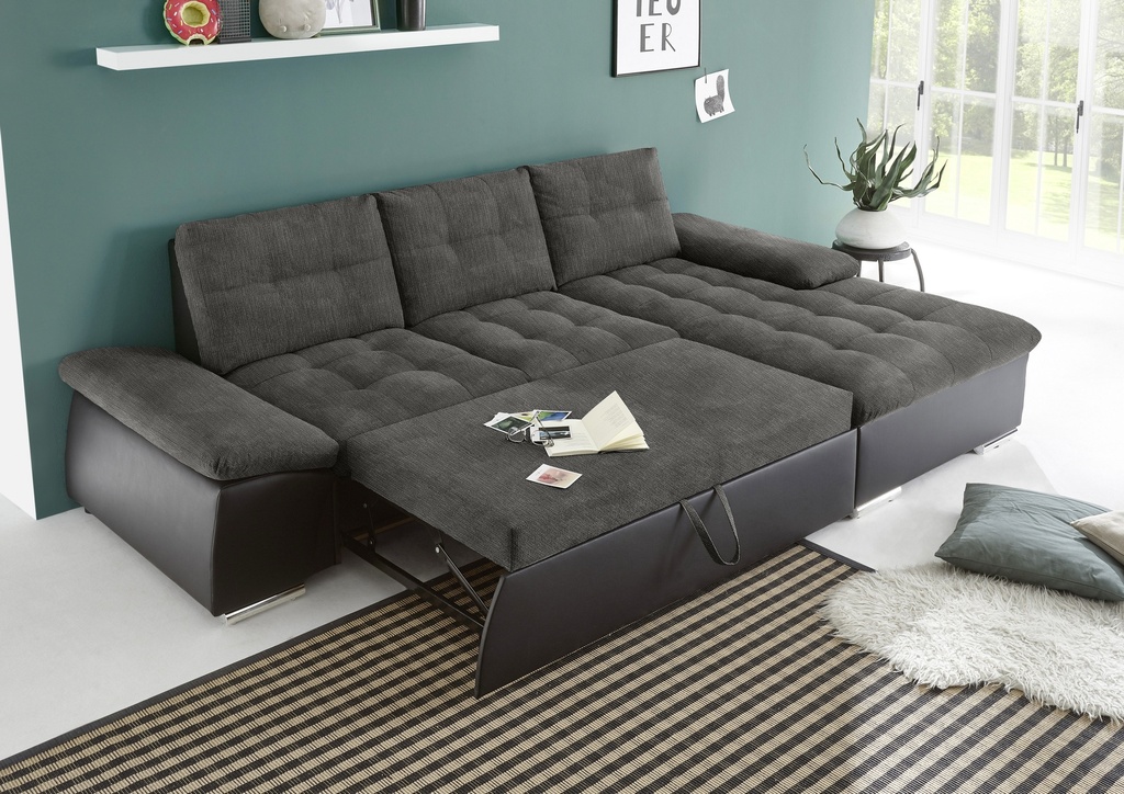 Ecksofa JAKARTA Schlafsofa Lederlook schwarz grau Ottomane rechts L-Form