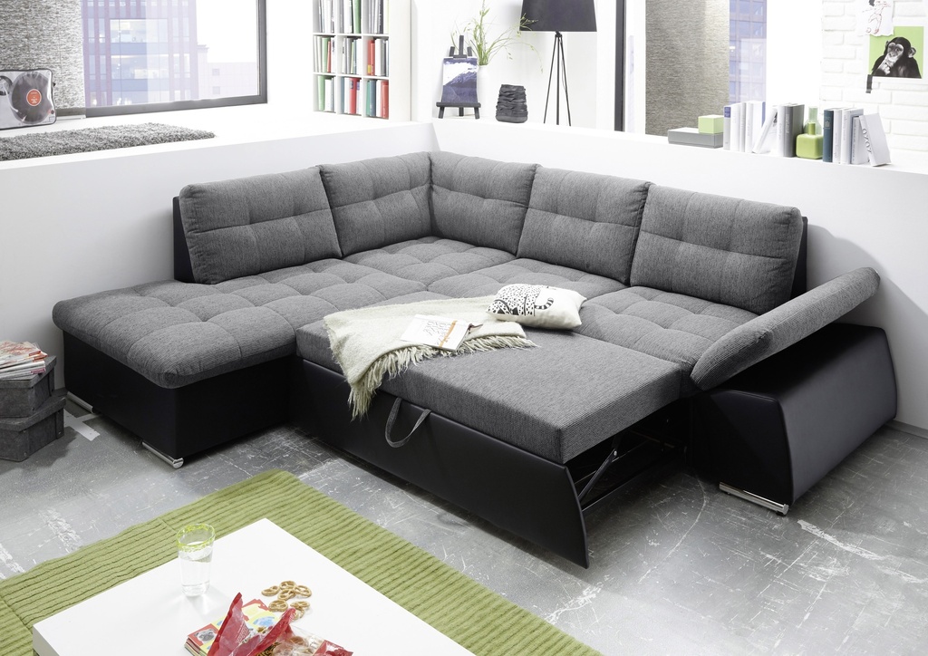 Ecksofa XL JAKARTA Schlafsofa Lederlook schwarz anthrazit Ottomane links L-Form