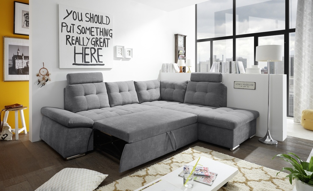 Ecksofa NALO XL Schlafsofa Bettsofa dunkelgrau Ottomane rechts L-Form