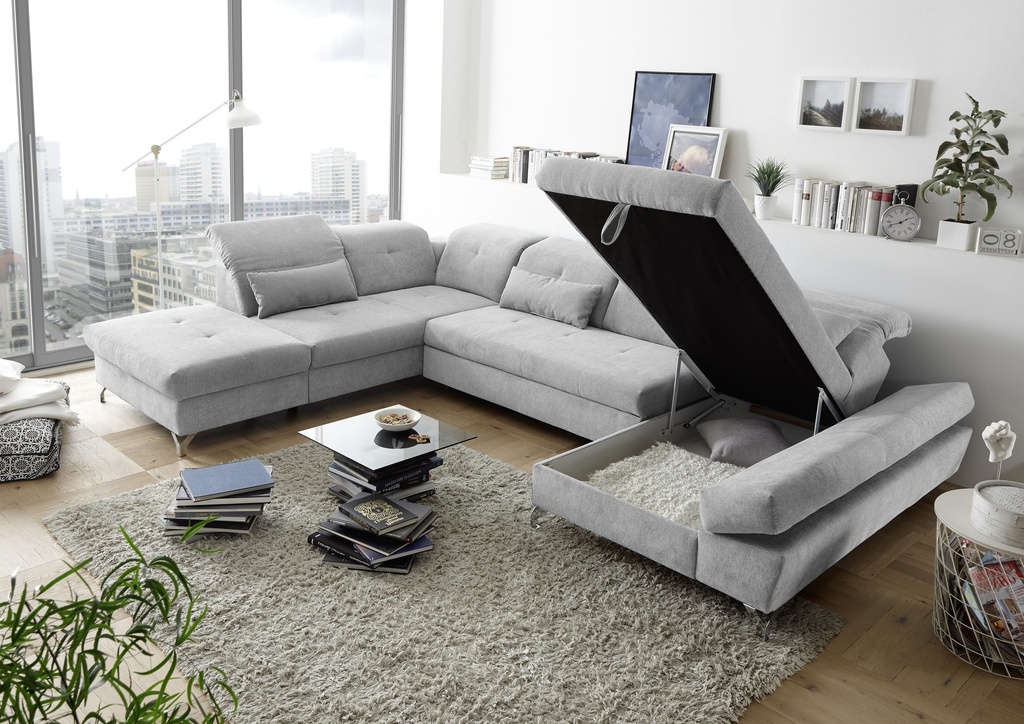 Funktionale Couch MELFI Sofa Wohnlandschaft Schlafcouch ausziehbar hellgrau silber Ottomane links U-Form
