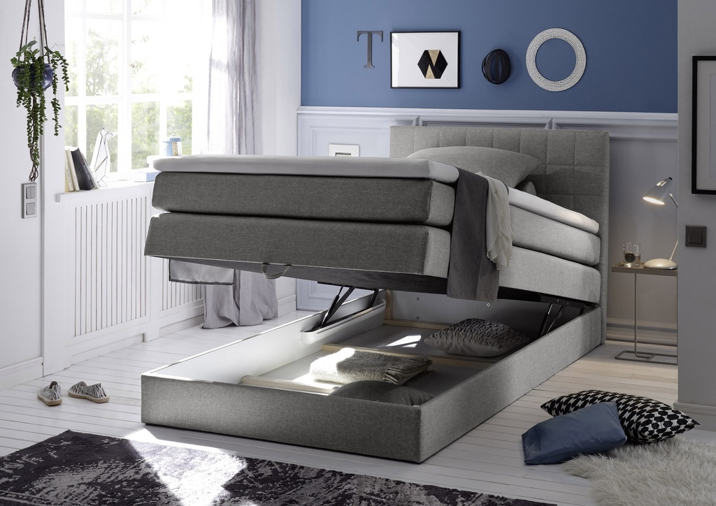 Boxspringbett HAWAI 1 Polsterbett mit Bettkasten Topper grau Webstoff 120x200cm