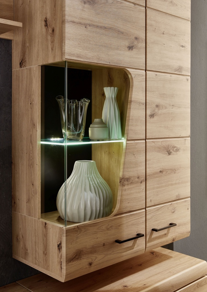 Wohnwand FUNNY PLUS Set 4 5-teilig Vitrine TV-Lowboard Wandboard Artisan Eiche LED