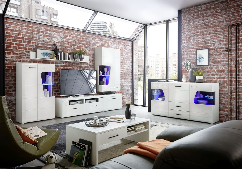 Wohnwand FUNNY PLUS Set 1 5-teilig Vitrine TV-Lowboard Wandboard weiß hochglanz LED