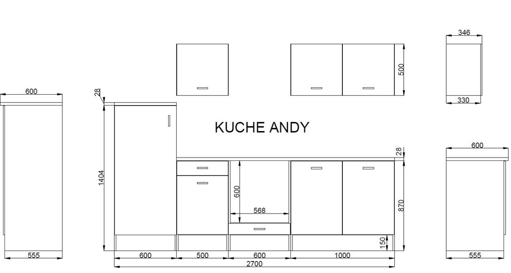 Küche Küchenblock Küchenzeile Komplettküche 270cm Singleküche Miniküche weiß