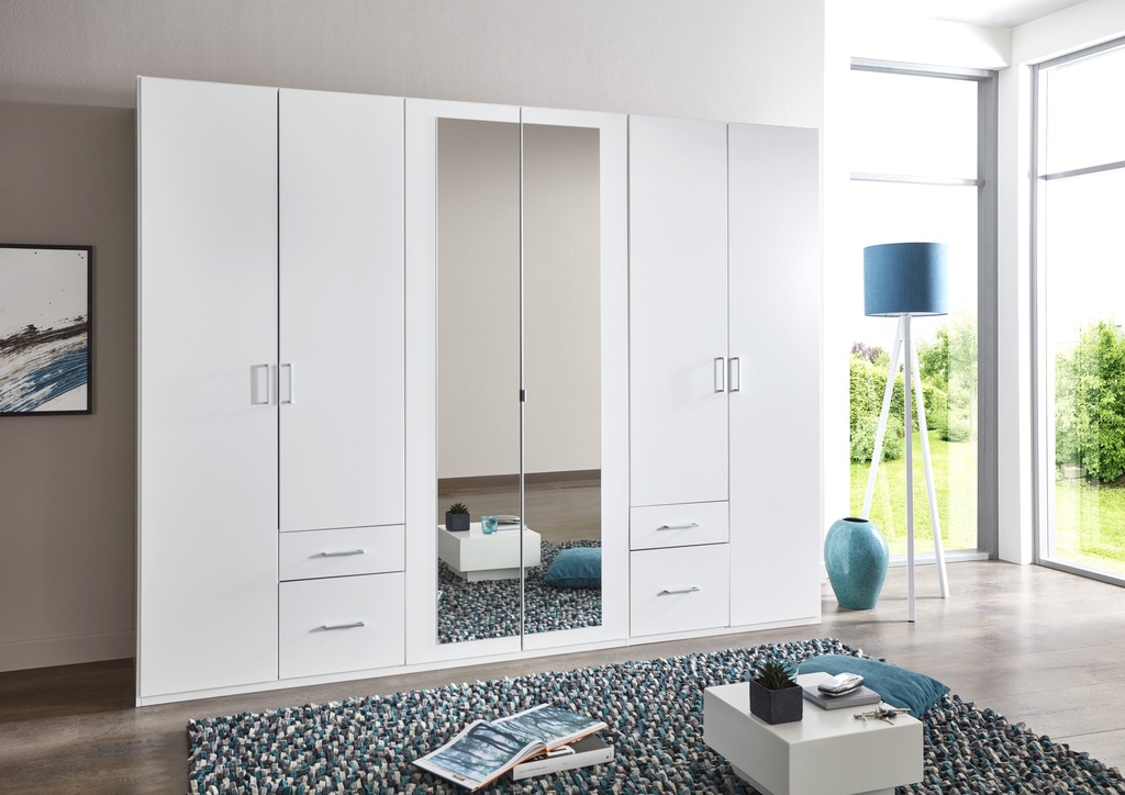 Kleiderschrank FREIBURG 6-türig Drehtürenschrank mit Spiegel weiß