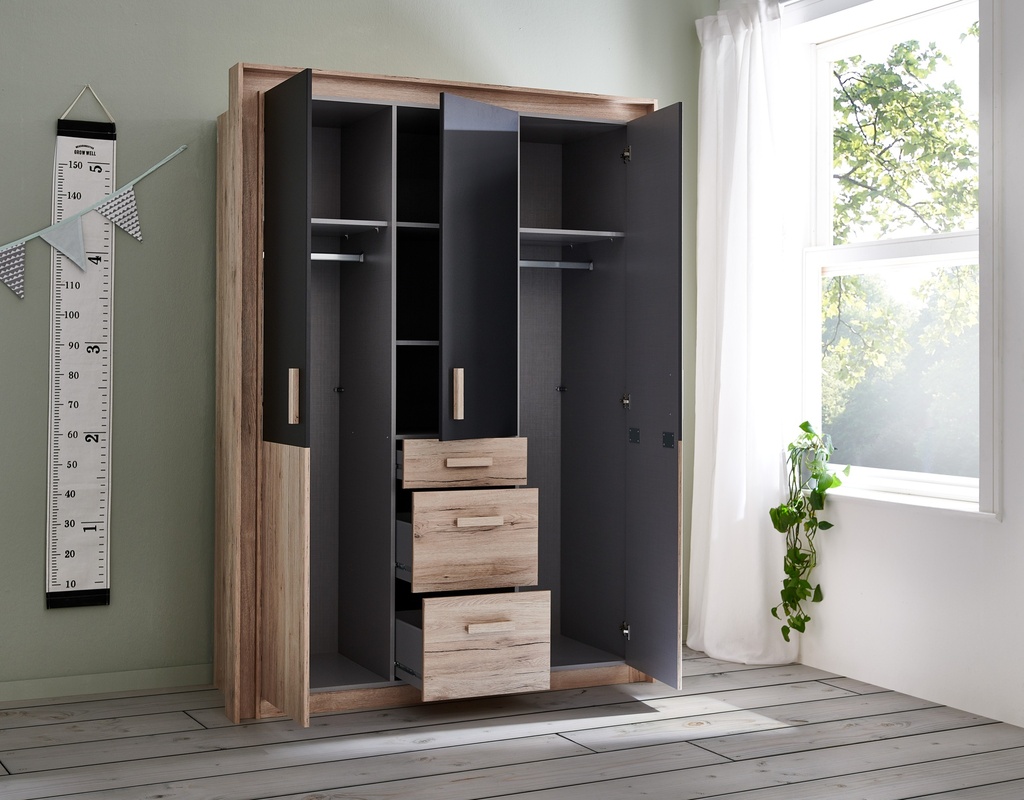 Kleiderschrank KIRUNA 3-türig mit Schubkästen Kinderzimmer Eiche Graphit grau