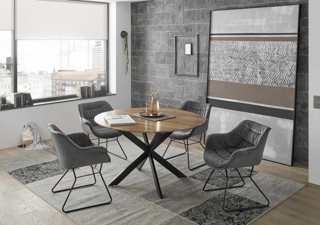 Esstisch PEDRO Esszimmer Massivholz Echtholz Akazie Metall Gestell rund 130cm