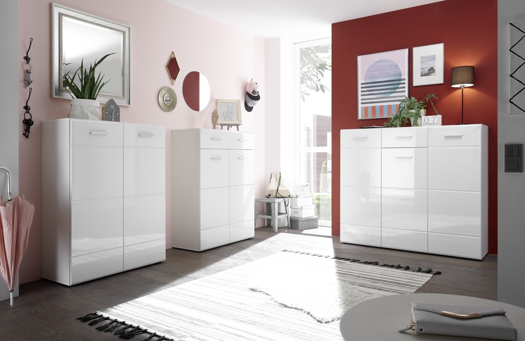 Schuhschrank ORLANDO Kommode Flurschrank weiß Glanz Schubkasten 90cm