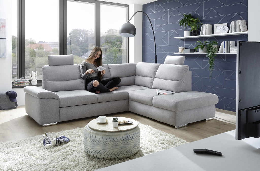Ecksofa ALMA Schlafsofa hellgrau silber L-Form Ottomane rechts