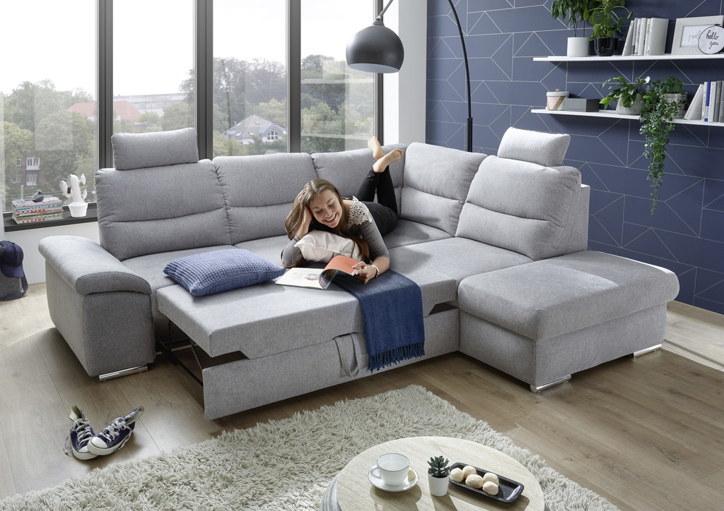 Ecksofa Couch ALMA Schlafsofa hellgrau silber L-Form rechts