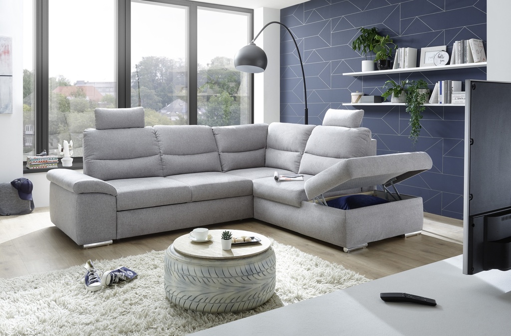 Ecksofa Couch ALMA Schlafcouch Schlafsofa hellgrau silber L-Form rechts