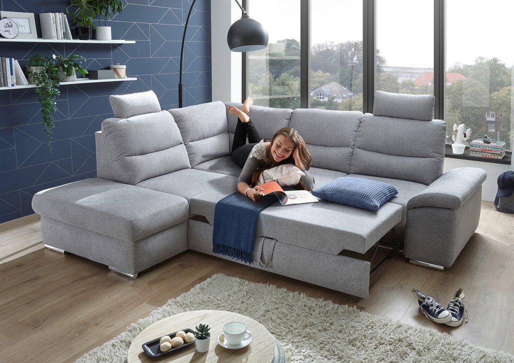 Ecksofa Couch ALMA Schlafsofa hellgrau silber L-Form links