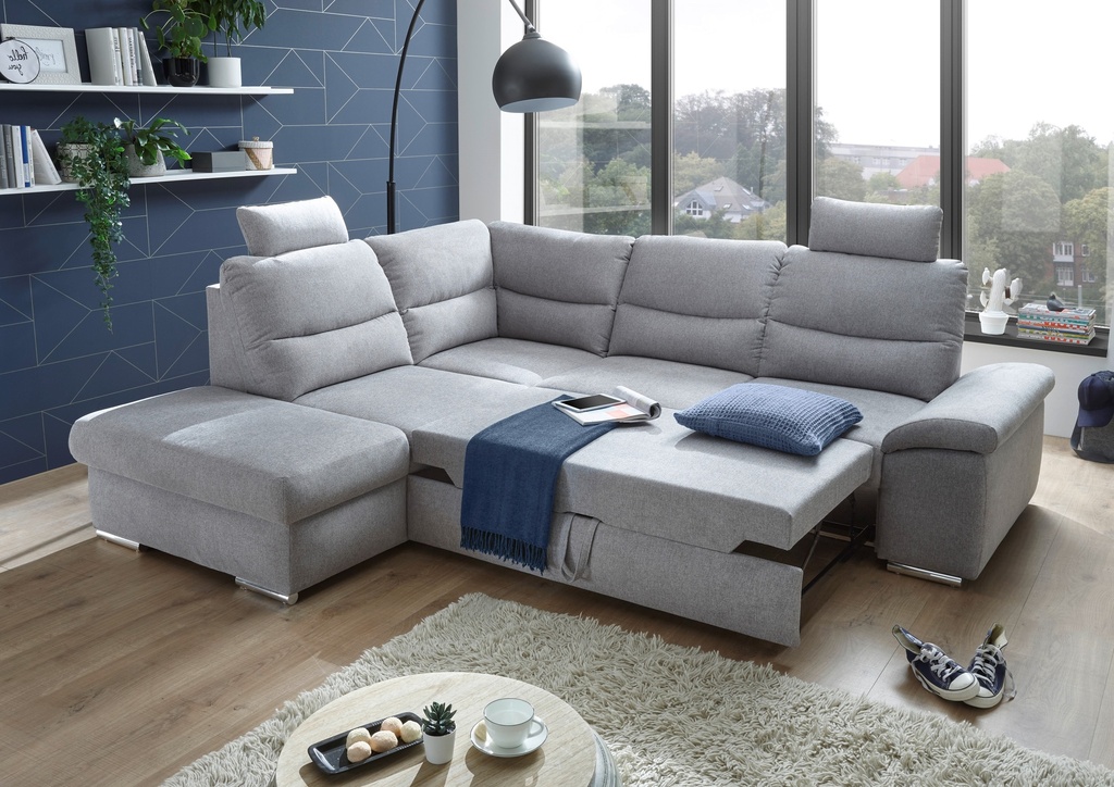 Ecksofa ALMA Couch Schlafcouch Schlafsofa hellgrau silber L-Form links