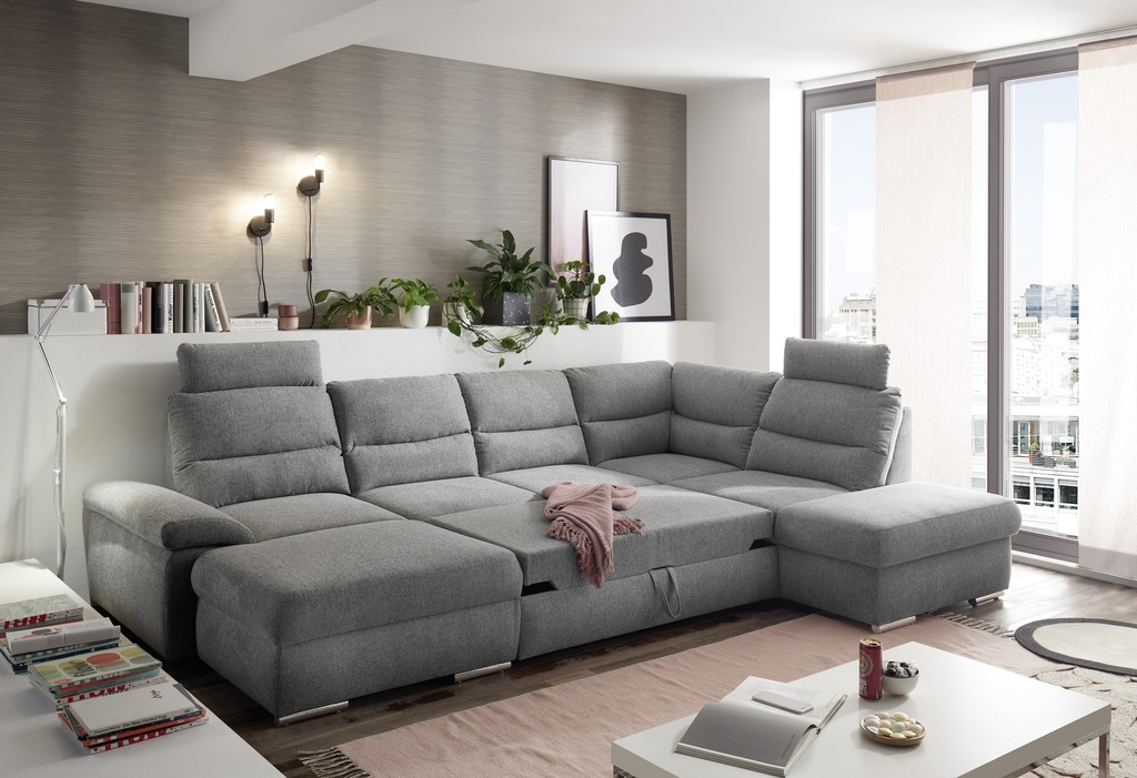 Couch Wohnlandschaft ALMA Schlaffunktion Schlafsofa grau Ottomane rechts