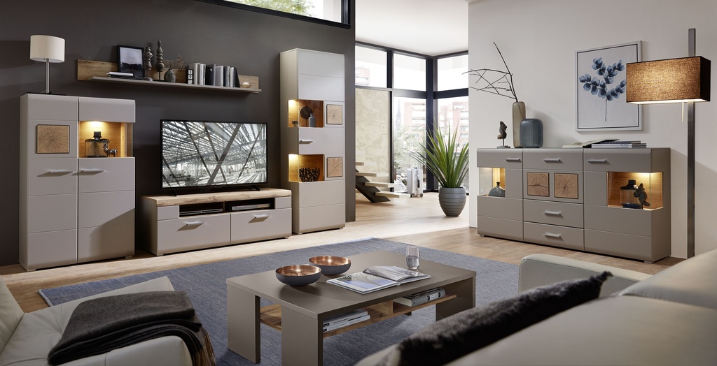 Wohnwand Schrankwand Anbauwand FUN PLUS 2 grau Holzoptik Beleuchtung