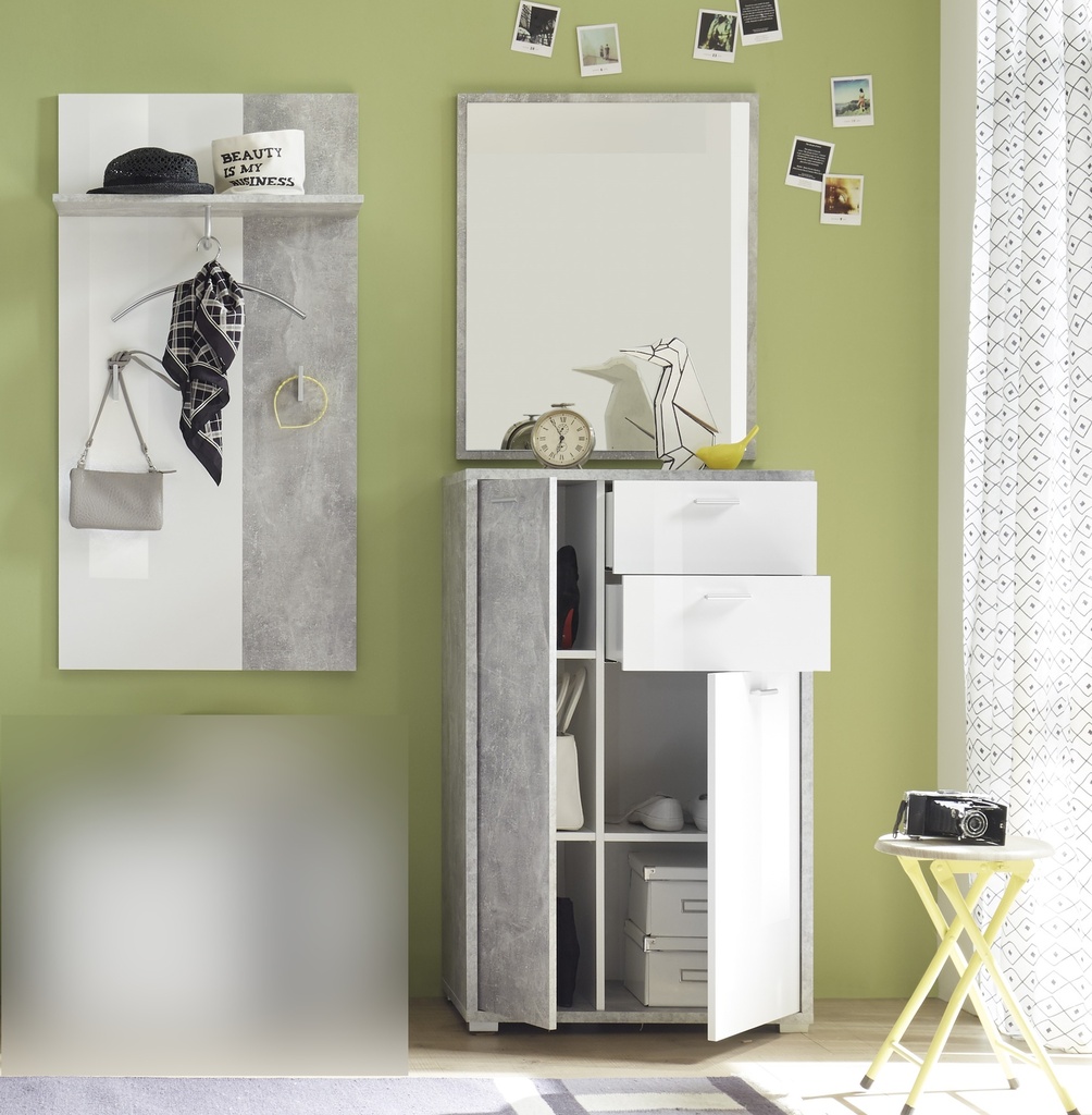 Garderobe Set MOUNTAIN 3-teilig Paneel Spiegel Schuhkommode weiß Beton