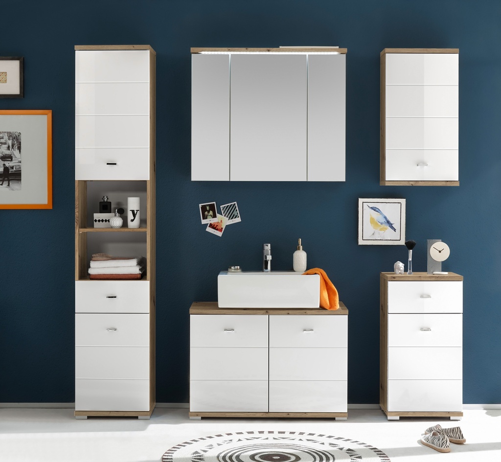 Badmöbel Set POOL 5-teilig Badezimmer Artisan Eiche weiß Beleuchtung