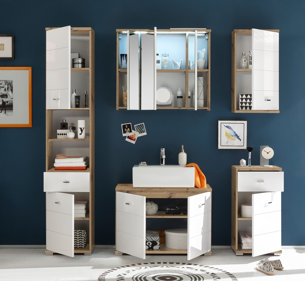 Badmöbel Set POOL 5-teilig Badezimmer Badmöbel Artisan Eiche weiß mit Beleuchtung