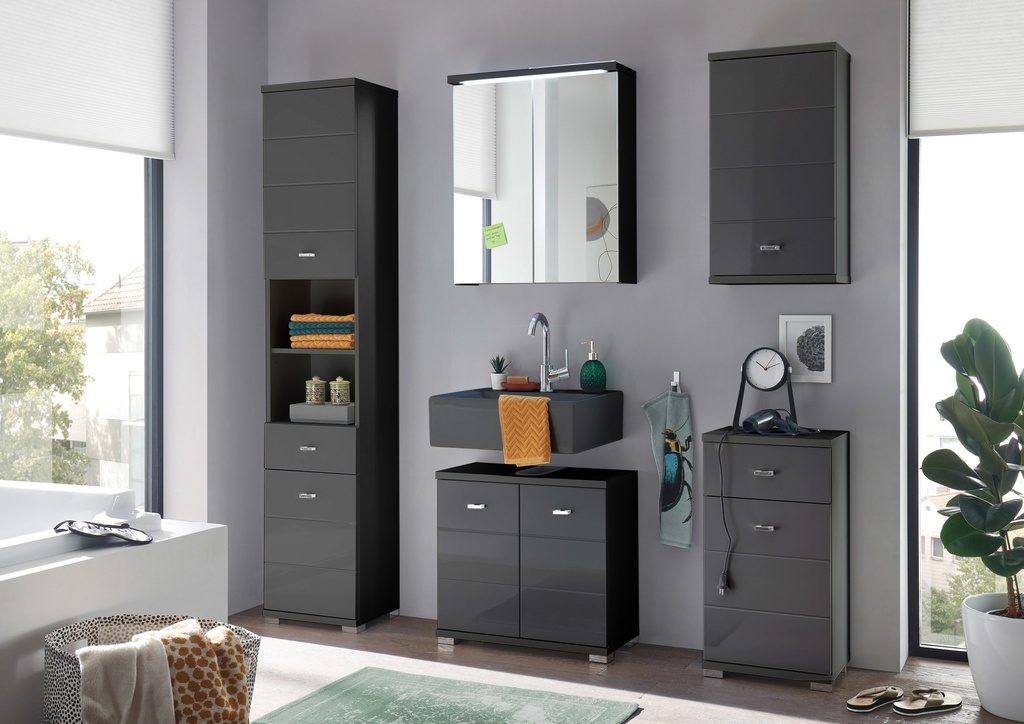 Badmöbel Set POOL 5-teilig Badezimmer anthrazit grau Hochglanz Beleuchtung