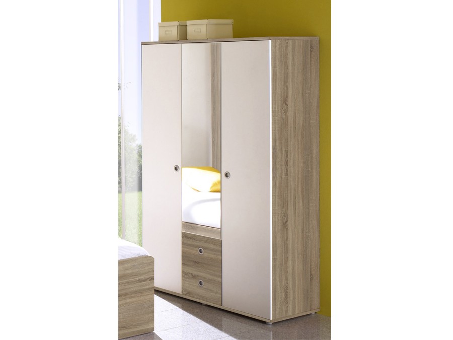 [58-177-68] Kleiderschrank WIKI 3 Tür Schrank Spiegel Kinderzimmer Jugendzimmer Sonoma Weiß