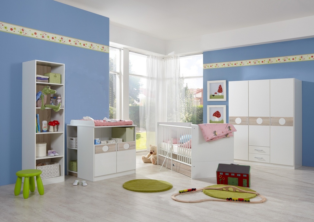 Babyzimmer-Set KIMBA 6tlg Komplett Bett Wickelkommode gr Schrank Regal Eiche-S.