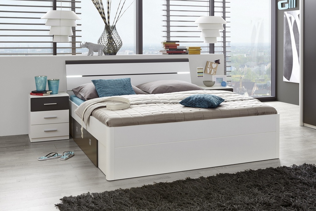 [87-192-A7] Doppelbett mit Nachtkommoden Bett 180 x 200 cm Ehebett weiß grau Nachtkommoden