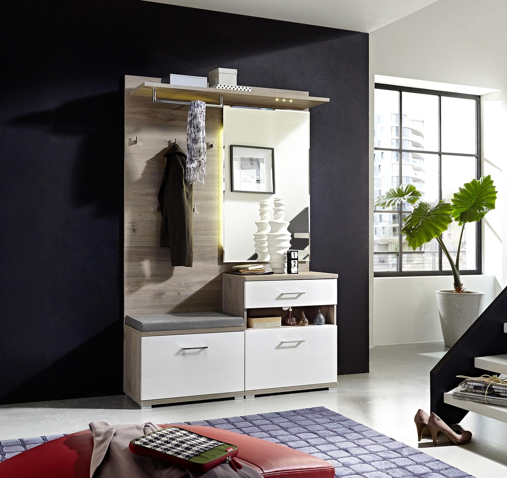 Garderobe "PLUS" 3-teilig Kompaktgarderobe Schuhschrank Paneel Bank in Weiß