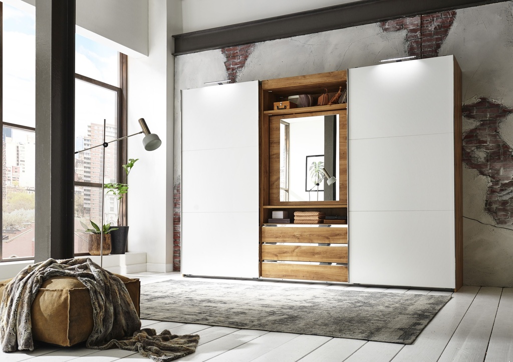 [F37393] Schwebetürenschrank "Magic" Kleiderschrank Schrank Alpinweiß mit Spiegel 300 cm