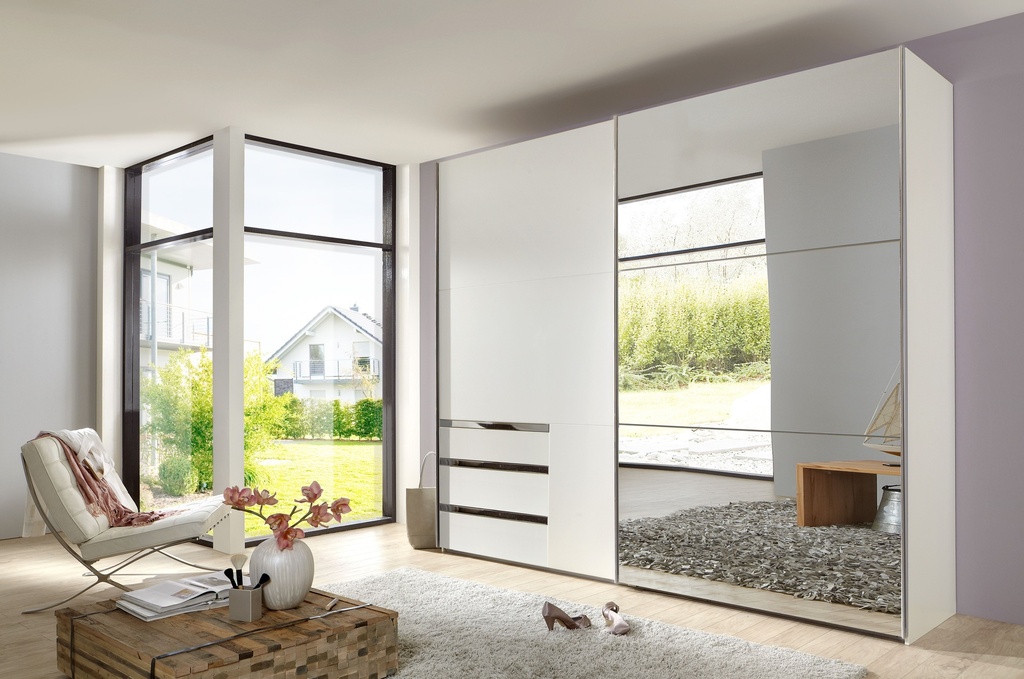 [F15485] Schwebetürenschrank Kleiderschrank Schrank weiß mit Spiegel 200 cm