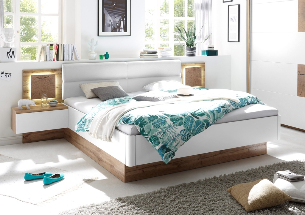 [22-230-H2] Doppelbett Nachtkommoden CAPRI Bett Ehebett Schlafzimmer 180x200 weiß Eiche