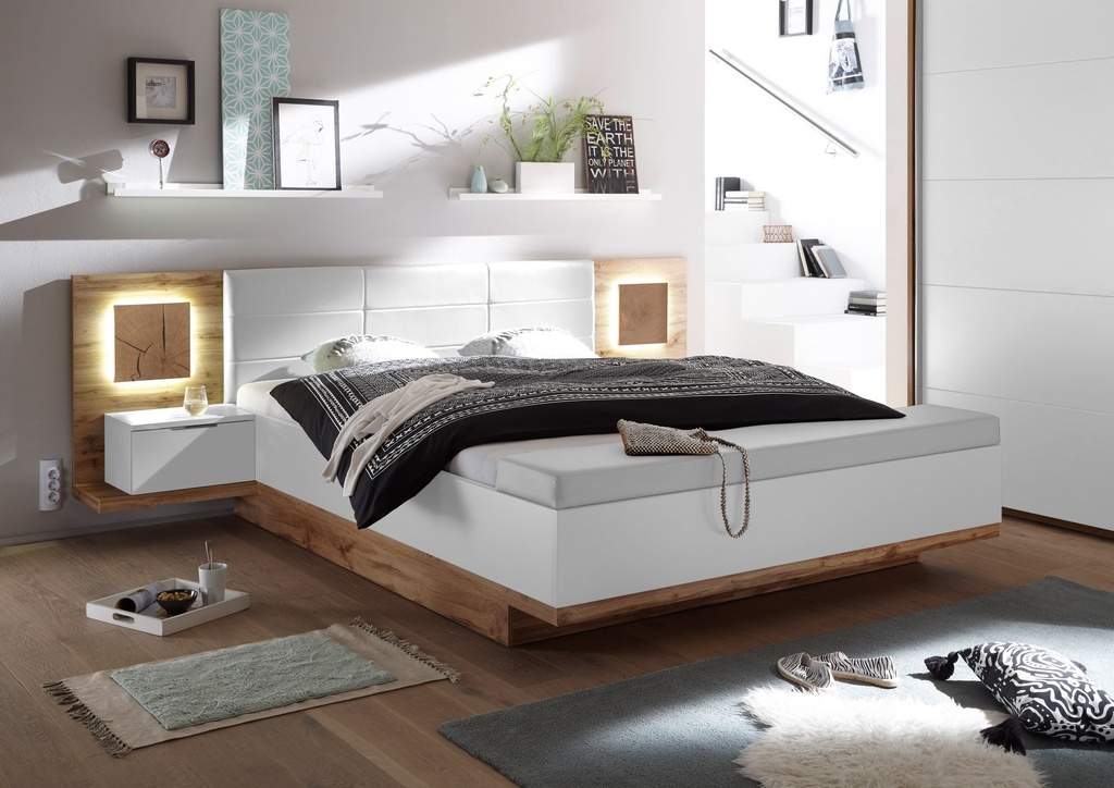 [22-229-H2] Doppelbett Nachtkommoden CAPRI XL Bett Ehebett Fussbank 180x200 weiß Eiche