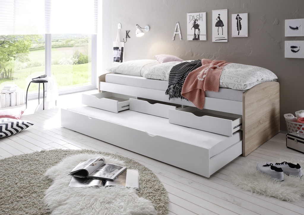 [22-120-68] Bett Einzelbett Ausziehbett Schubladenbett Tandembett 90cm Weiß Sonoma