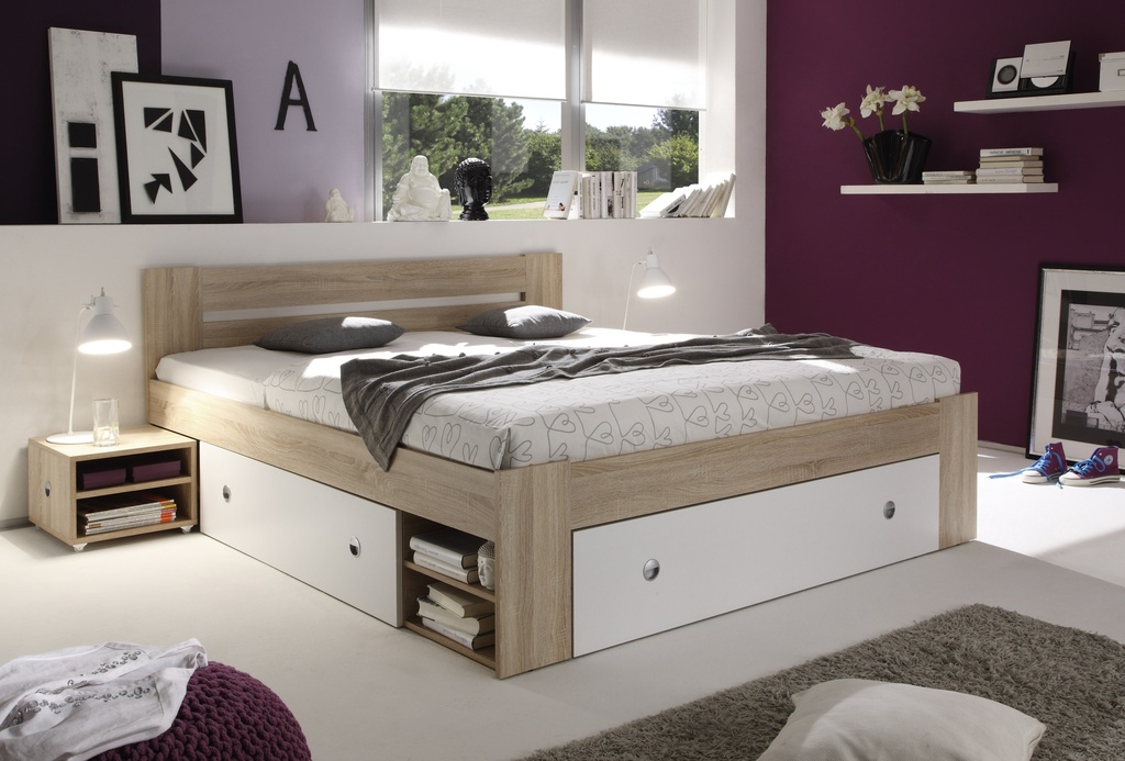 [50-028-68] Doppelbett Nachtkommoden Bett 180 x 200 cm Ehebett Eiche Sonoma weiß Bettkasten