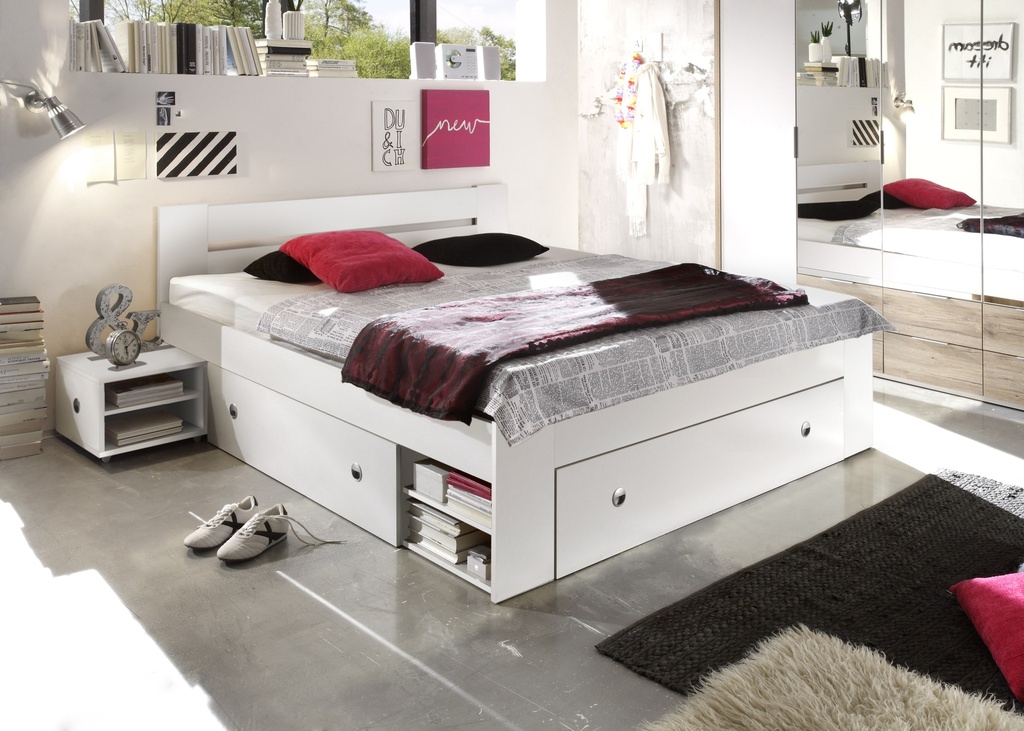 [50-028-17] Doppelbett mit Nachtkommoden Bett 180 x 200 cm Ehebett weiß Bettkasten