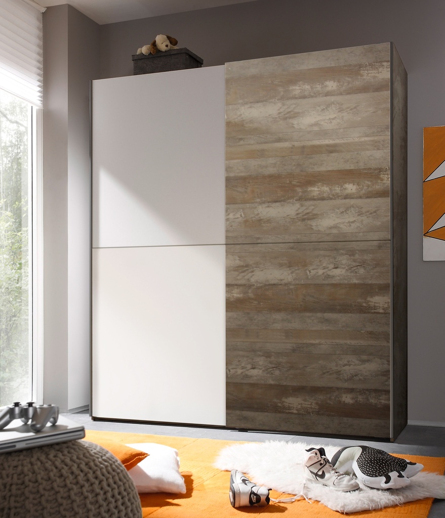 [58-402-O4] Schwebetürenschrank Kleiderschrank Schrank Schlafzimmer Driftwood Weiß 170cm