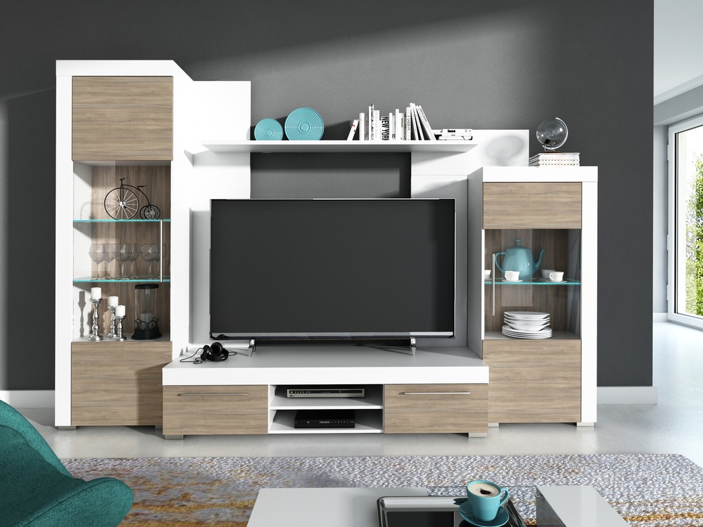 [A9AI-0Y-VA02] Wohnwand AVIO Wohnzimmer Set Anbauwand Vitrine Wandboard TV Lowboard braun weiß