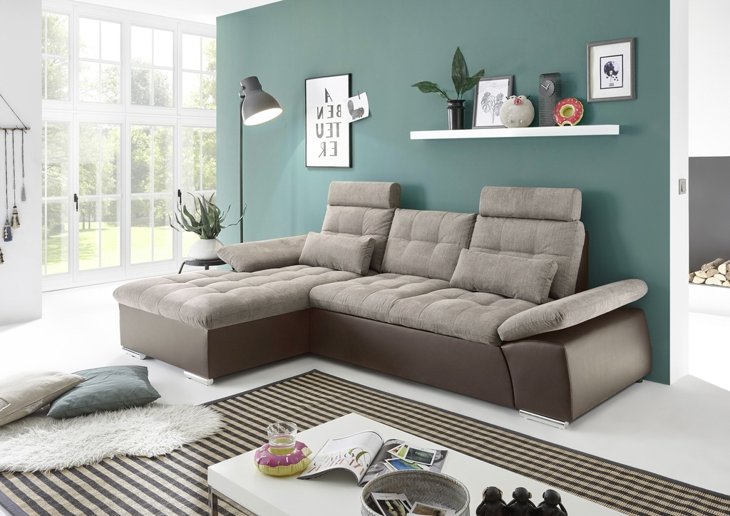 [64-609-53J] Ecksofa Couch Schlafcouch Schlafsofa Lederlook braun beige Ottomane links L-Form