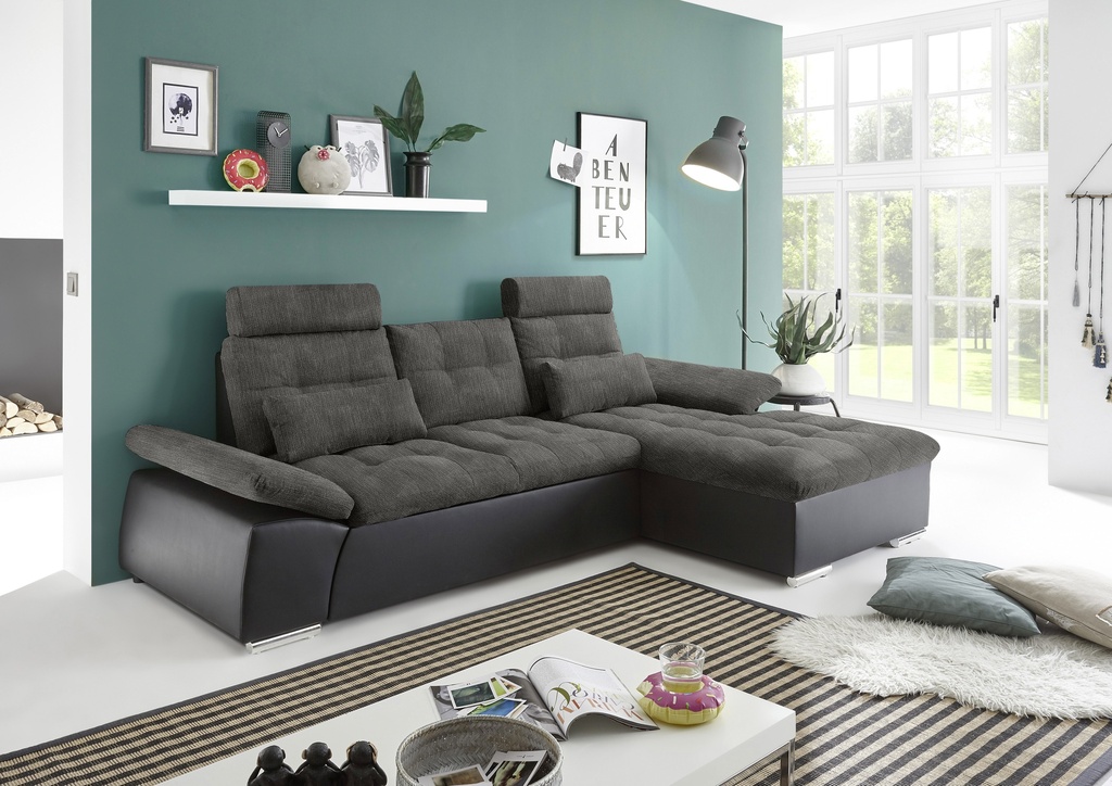 [64-609-65P] Ecksofa Couch Schlafcouch Schlafsofa Lederlook schwarz grau Ottomane rechts L