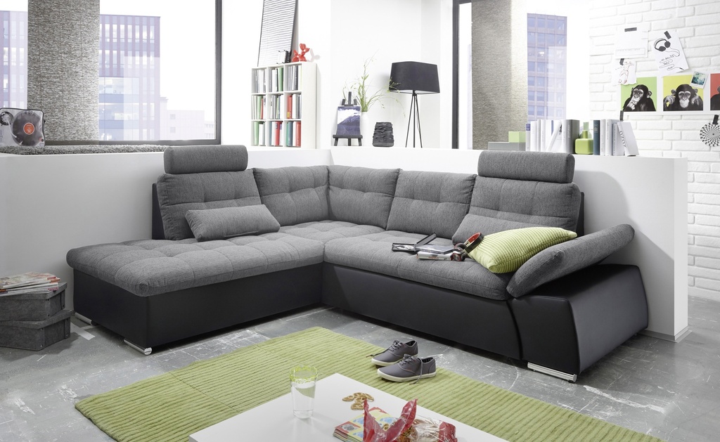 [64-539-27J] Ecksofa JAK Couch Schlafcouch Sofa Lederlook grau schwarz Ottomane links L-Form
