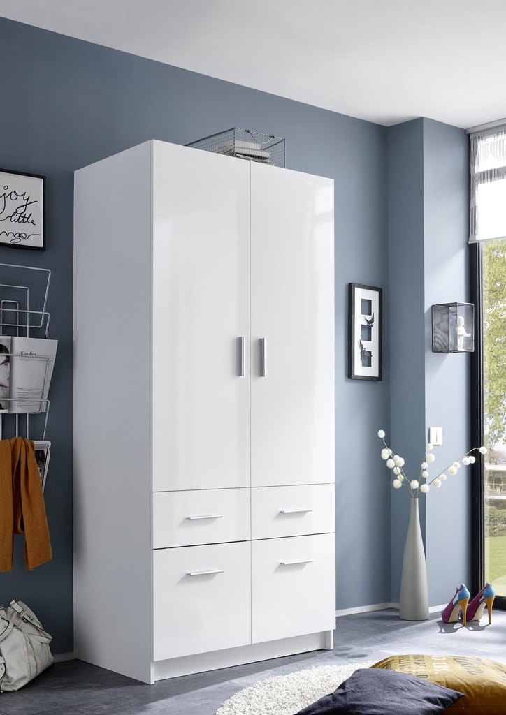 [58-812-13] Kleiderschrank 2 türig Schrank Drehtürenschrank Schubkästen weiß Hochglanz 90cm