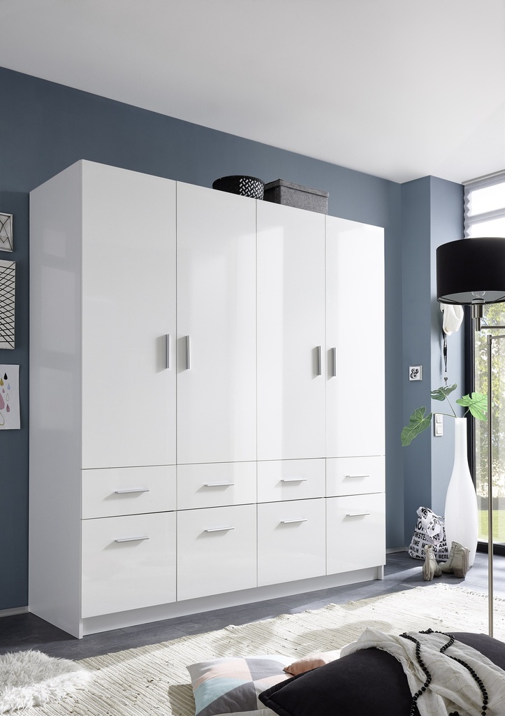 [58-814-13] Kleiderschrank 4-türig Schrank Drehtürenschrank Schubkästen weiß Hochglanz 180cm