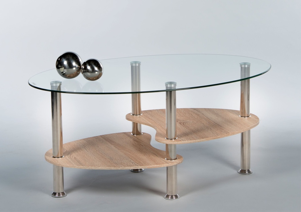 [83-188-66]  Couchtisch "PANTY" Beistelltisch Wohnzimmertisch Tisch Eiche Nb. Glas oval 90cm