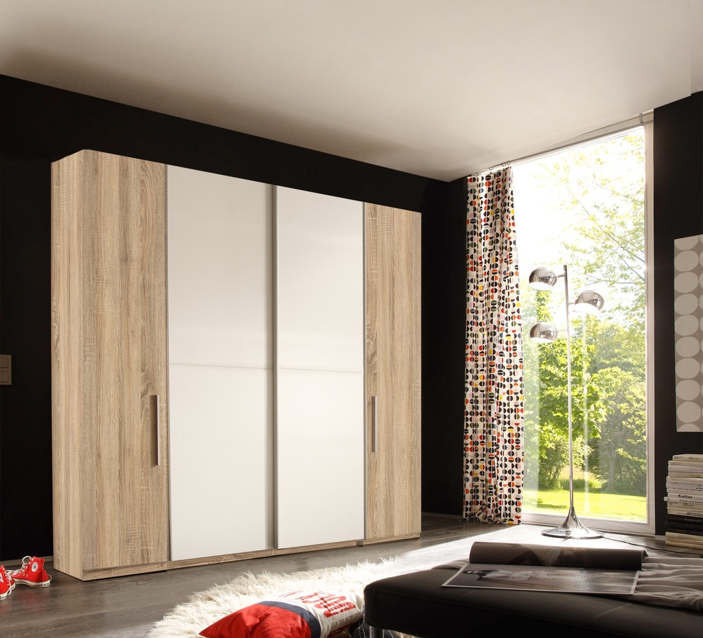 Schwebetürenschrank Kleiderschrank Schrank Drehtürenschrank Eiche Braun Weiß 205